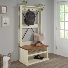 Cottage Hall Tree White Painted Solid Pine Coat Rack Wooden Storage Shelf