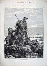 Old Antique Print 1883 Prawn Fishing Men Sea Nets Birds Boy Staniland Art 19th