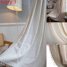 UK New Solid Curtain Panel Slot Top Plain Cotton Linen Textured Curtains Tassels
