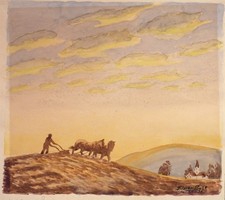 1935 American Primitive Country Western Farming Horses Plowing WC Painting