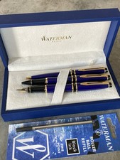 RARE Vintag Waterman Expert Fountain Pen & Pens Set Navy Blue With Gold Trim Box