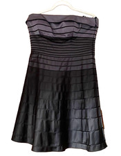 Ben De Lisi Size 14 Black Grey Satin Stripe Boned Bodice Strapless Lined DRESS