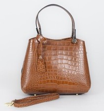 Italian Genuine Leather Shoulder Bag Crocodile Print   - Brown