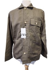 Zara Men's Linen Buttoned Jacket Khaki Size M Made in Turkey