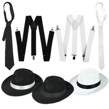 ADULTS GANGSTER HAT, TIE & BRACES SET 1920'S GATSBY FANCY DRESS AL CAPONE MAFIA