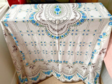 VINTAGE WHITE POLYESTER SPANISH LACE LARGE TABLECLOTH~54" x 78"  BLUE FLORAL