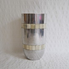 Vintage Metal Vase, Silver Pewter Vase Mosaic Bone Shell Stripes Banding 18.5cm
