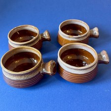 Set of 4 French Onion Soup Crocks Handled Bowls - Brown Glazed
