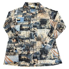 Vintage 70s Disco Shirt Nautical Print Long Sleeve Graphic Button Mens XL