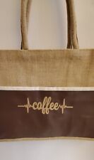 Jute upgraded shopping bag.  Lined front pocket - Vinyl, embroidery coffee beat.