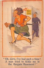 POSTCARD  DONALD MCGILL  GIRL - NYLONS - TICKLE - BARGAIN BASEMENT  # 651