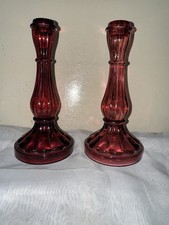 Vintage Pair Red Glass Candlesticks 8.5in (22cm) Candle Holders
