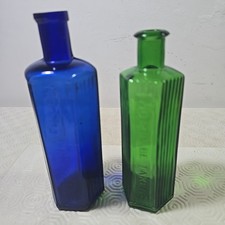 Colbalt Blue and Green Medical Chemist Poison Bottles Victorian Hexagonal Style