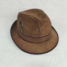 Vintage Brown Tan Suede Leather Fedora Hat Cap Brown Feather