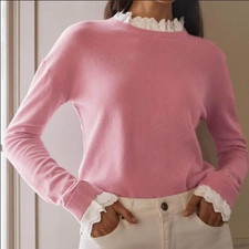 Boden Lydia Jumper Size 14 Cashmere Wool Mix Knit Broderie Frill High Neck Cuffs