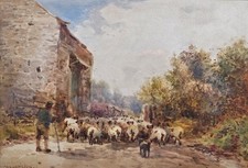 William Manners Watercolour 1910 Yorkshire A Shepherd Herding His Flock of Sheep