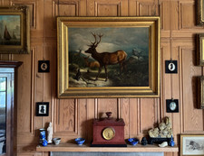 Antique Scottish Country House Oil Painting Stag and Grouse Highland Landscape