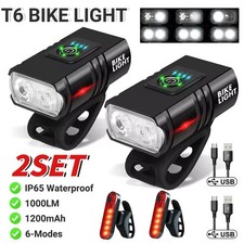 2 Set T6 Mountain Bike Lights USB Rechargeable Bicycle LED Torch Front Rear Lamp