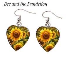 Summer Sunflowers  Heart Shaped Glass Earrings
