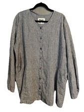 FLAX Linen gingham print Navy Blue & white Button tunic top Women’s Sz Large 