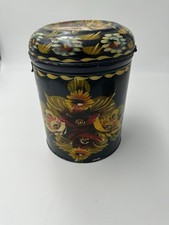 Vintage Hand-Painted Tin Canister with WoodPegs Folk Floral Design Retro Storage