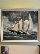 Original Oil Painting Mid Century Winston Churchill Ship Francis Russell Flint