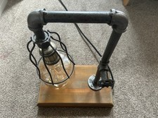 Industrial Pipe Table Lamp – Steampunk Vintage Edison Light with Wooden Base