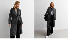 NEW LOOK Long Black Bouclé Belted Long Coat Autumn Spring Size UK14 E4310