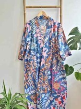 Cotton Long Kimono Blue Leaf