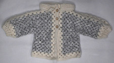 Size 9-12 Months HAND MADE Crochet Beige Baby CARDIGAN Jumper Sweater Grey White