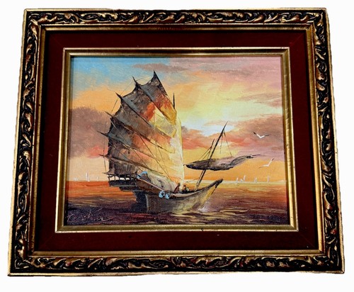 Chinese junk ship oil - chinese, painting