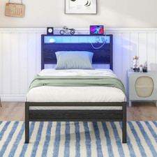 HOJINLINERO Single Bed Frame with Storage Shelf Headboard & LED Lights,Metal 