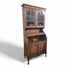 Antique Arts & Crafts oak tambour roll top writing desk / bookcase bureau