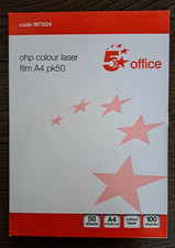 BOX OF 50x BRAND NEW 5 STAR A4 CLEAR OHP SHEETS FILM FOR COLOUR LASER PRINTERS