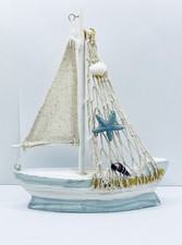 Blue & White Wooden Sailing Boat Ornament with Sail & Shells 19 cm H x 15 cm L