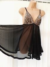 N20 ULTRA SHEER BLACK IVORY LACE SATIN 70'S BABYDOLL NIGHTIE CHEMISE M 10/12/14