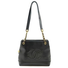 CHANEL Coco Mark Ball Chain Tote Bag, Large Shoulder Lambskin Leather, Black