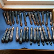 Complete set 28 (14 pairs) antique coppered stair rod clips (WAH REG) vintage