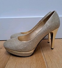 Gold Sparkly Heels Shoes UK 8 Court Platform Party Christmas Celebration