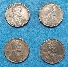 4 x 1943 US Steel Wheat Pennies. 2 x S Mint Mark & 2 x No Mint Mark. See Photos.