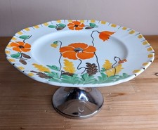 20s 30s Vintage Cake Stand Art Deco Ceramic & Chrome Hand Painted Floral 