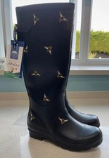 Joules Women Tall Wellies With Adjustable Back Gusset- Black Bees ?Adult 5 UK