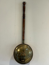 Vintage wall hanging brass and copper warming pan with wooden handle