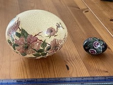 Vintage Hand Painted Ostrich Egg 6” Long And Chicken Egg 2 1/2” Long Good Cond