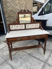Antique Victorian Solid Mahogany Wash Stand with Tiled Back & White Marble Top
