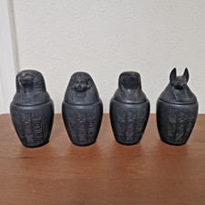 Egyptian Sons of Horus Hand Carved Black Stone Canopic Jars Set of Four
