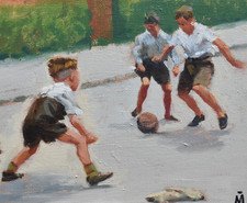 Charming Nigel Mason Original Oil Painting Playing Football In The Street