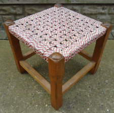 Vintage Woven Top Rattan Style String Wooden Foot Stool Red / Cream 1960s 1970s