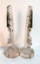 pair Cut Crystal Oblique Art Glass Painted Obelisk Pedestal Paperweight antique