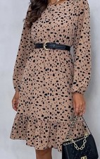 Brown Beige Dalmatian Print Lantern Sleeve Size 8 small Raffle Dress 